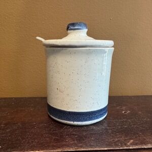 McCoy‎ Speckled Relish Mustard Jar with Lid & Spoon Blue White Farmhouse Decor